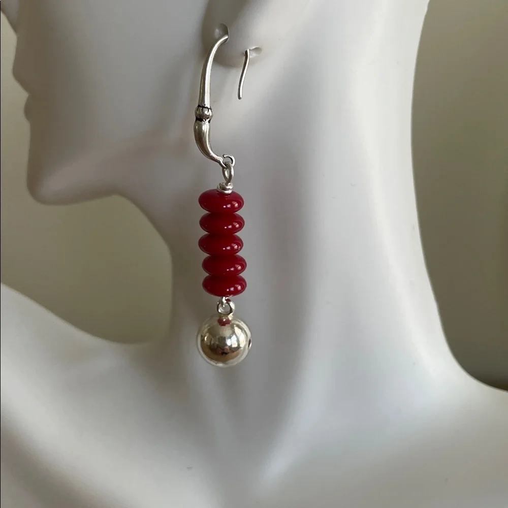 HAND CRAFTED RED & SILVER BALL DROP DANGLE EARRINGS Modern Minimalist Statement